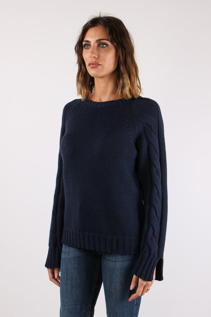 Maglia Treccia Manica 100%lana Blu-3