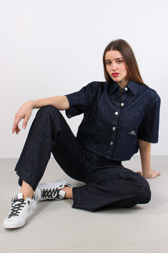 Pantalone Effetto Denim Flare Denim Scuro-3