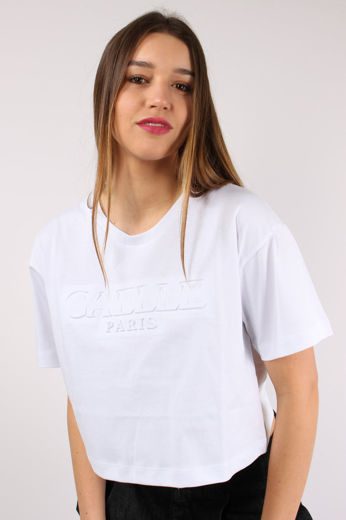T-shirt Crop Logo Tono Su Tono Bianco-3