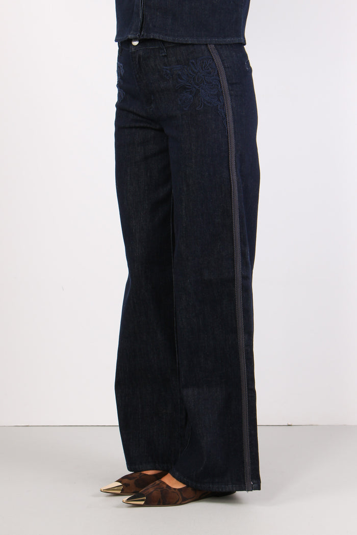 Denim Flare Ricami Davanti Denim Scuro-6