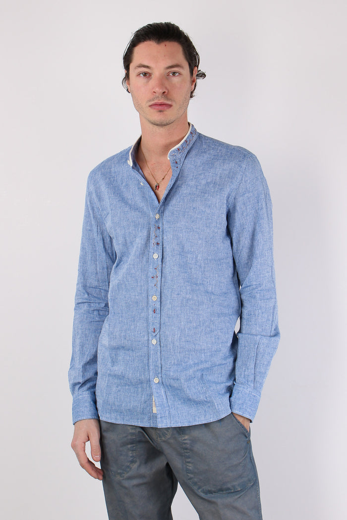 Camicia Lino Ricami Colletto Blu-2
