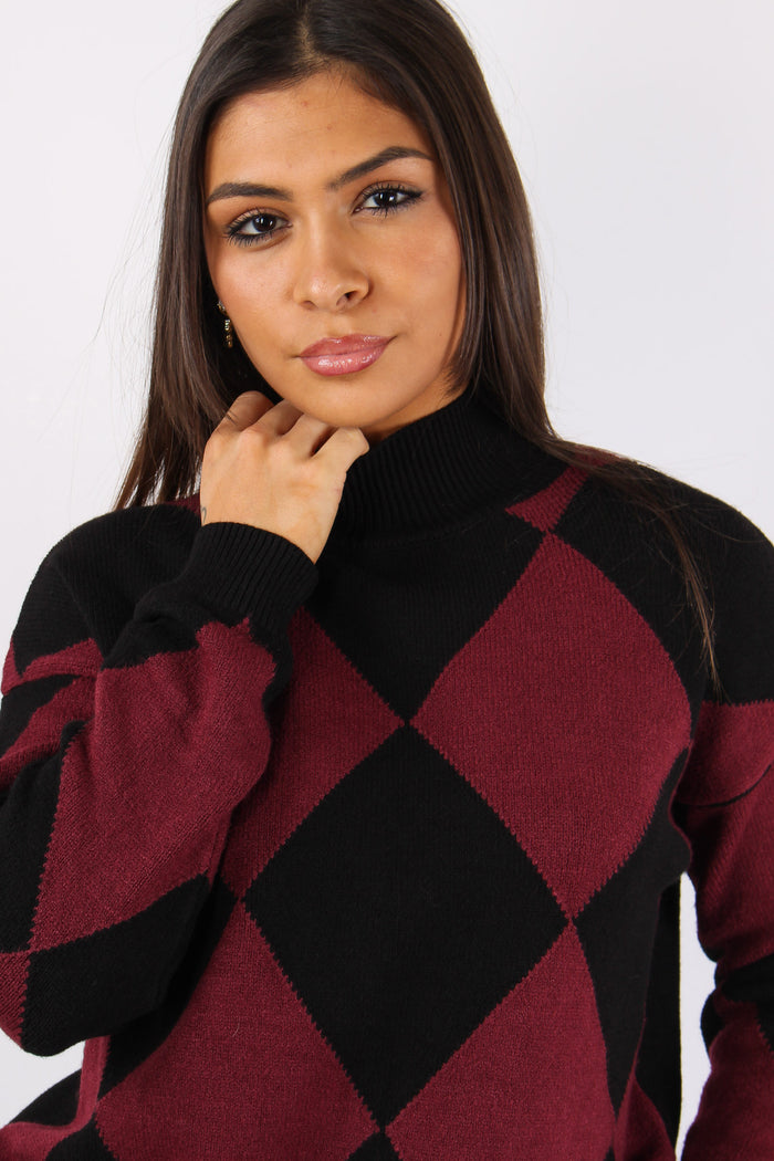 Collo Alto Intarsio Rombi Vino/nero-7