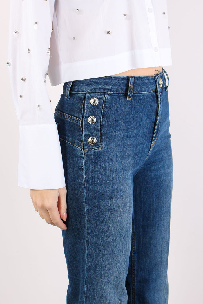Jeans Flare Bottoni Argento Denim Scuro-6