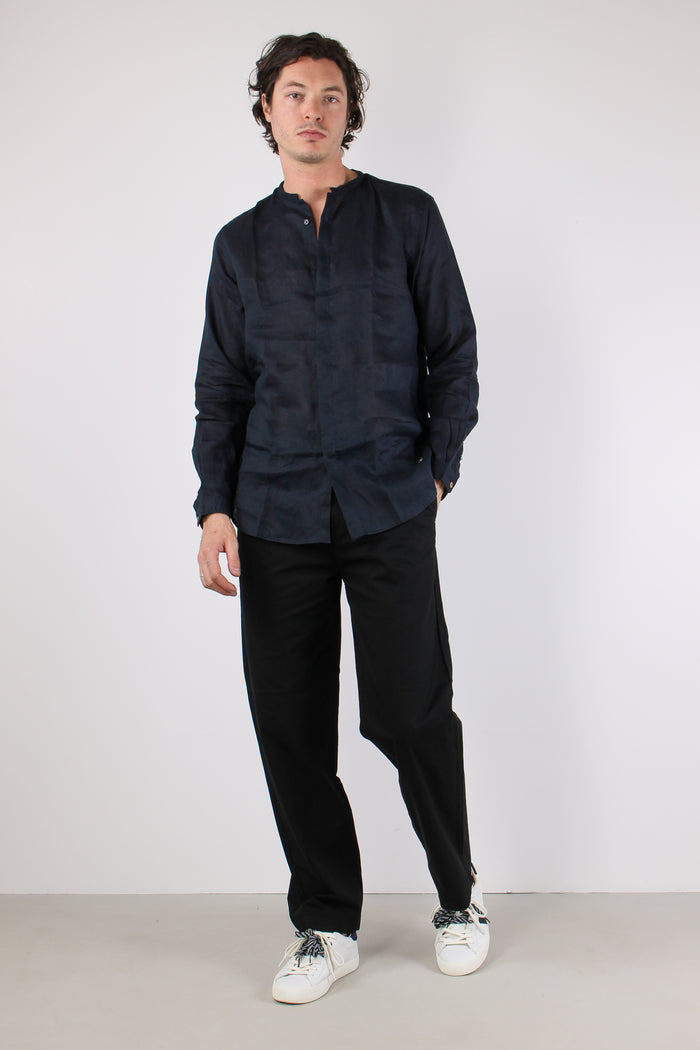 Camicia Coreana Lino Blu-2