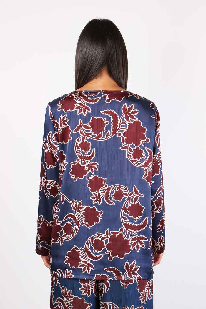 Blusa Raso Crepe Fantasia Bordeaux/royal-3