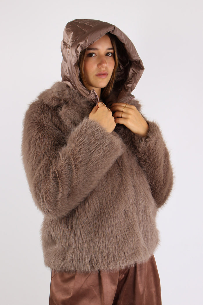 Giubbotto Pelliccia Cappuccio Taupe-9