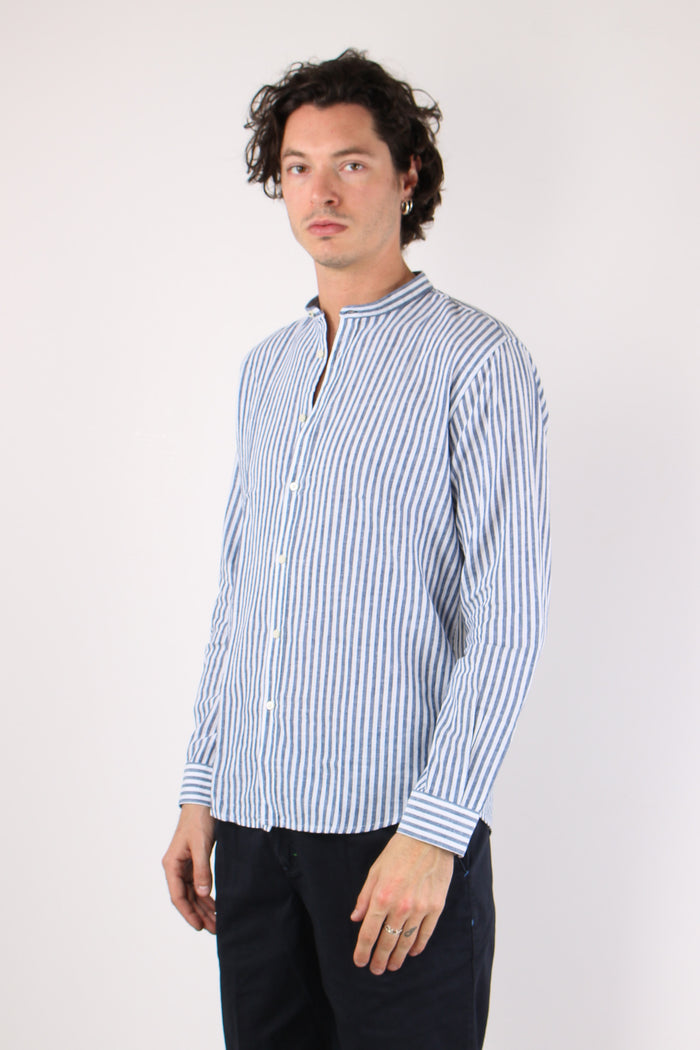 Camicia Coreana Lino Riga Blu Navy-3