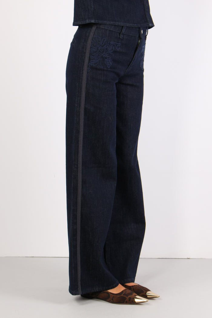 Denim Flare Ricami Davanti Denim Scuro-7