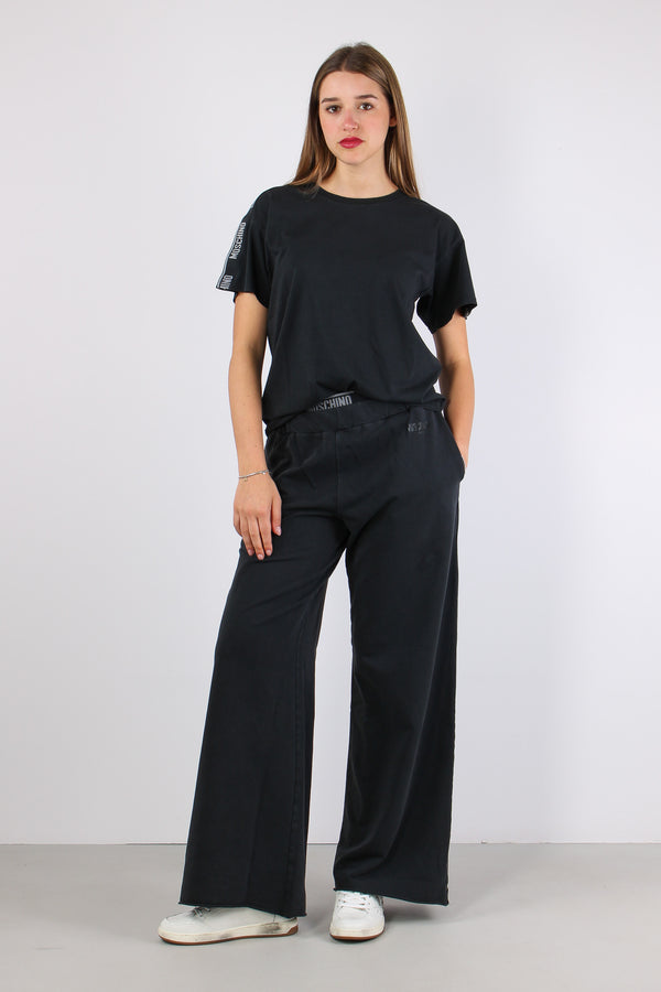 Pantalone Palazzo Elastico Scritta Nero