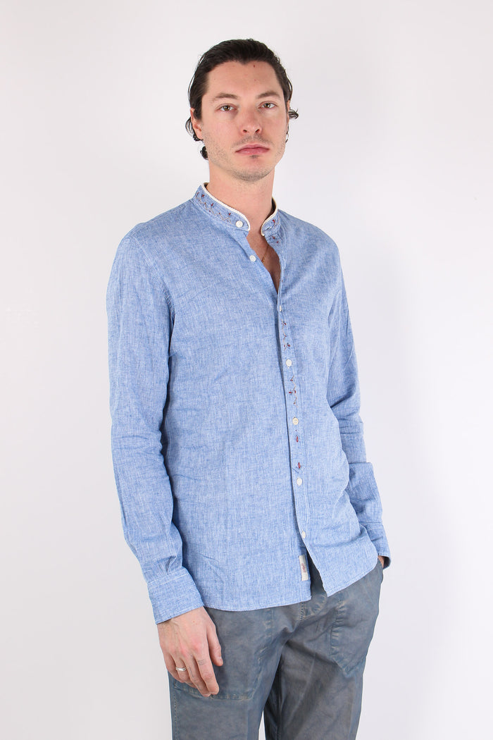 Camicia Lino Ricami Colletto Blu-7