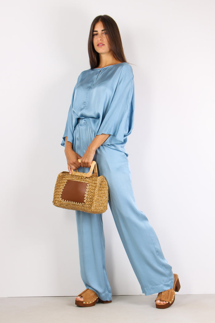 Pantalone Palazzo Effetto Raso Azzurro