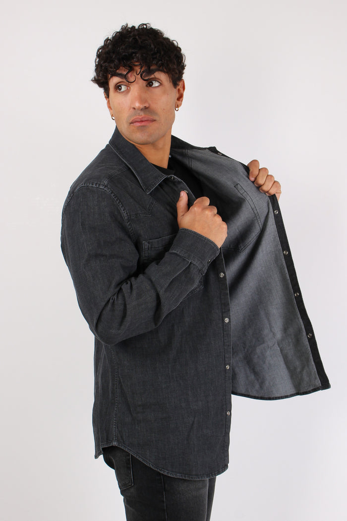 Camicia Denim Slim Nero-6