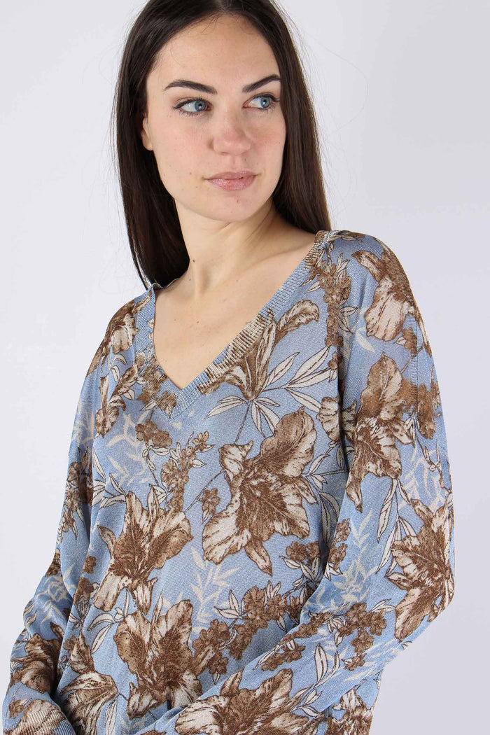 Maglia Lurex Fantasia Foglie Blu Wave-8