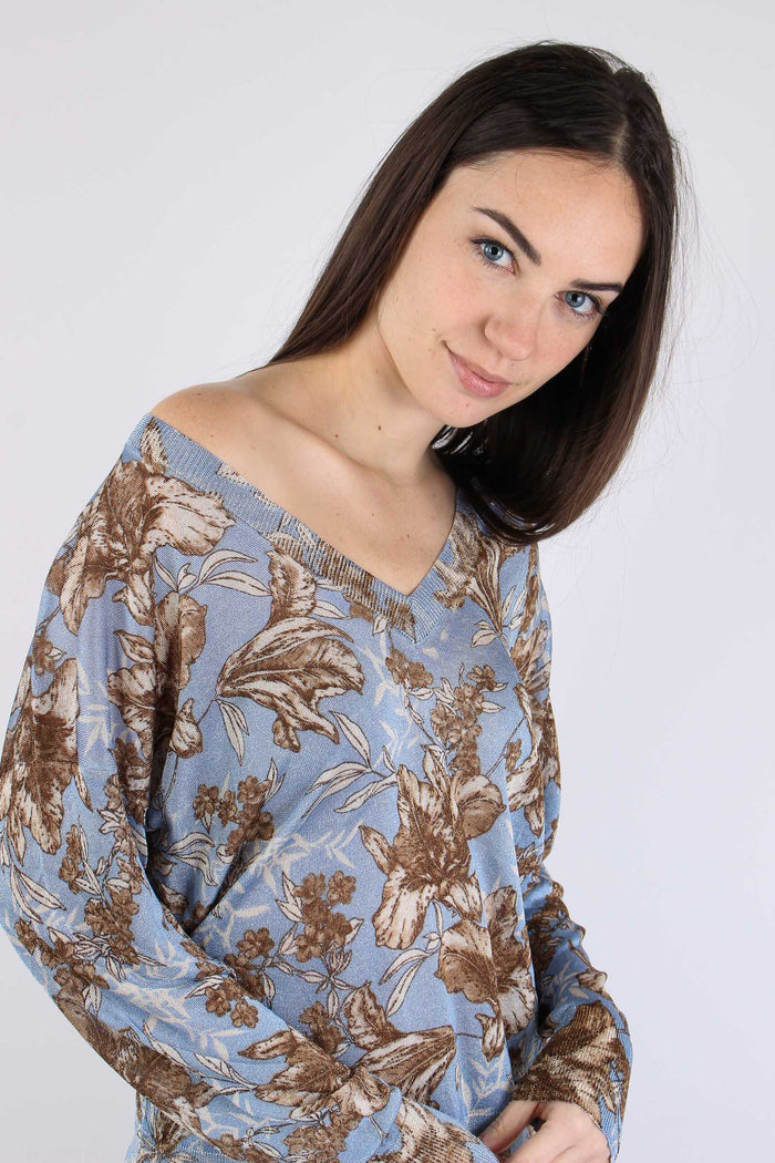 Maglia Lurex Fantasia Foglie Blu Wave-10