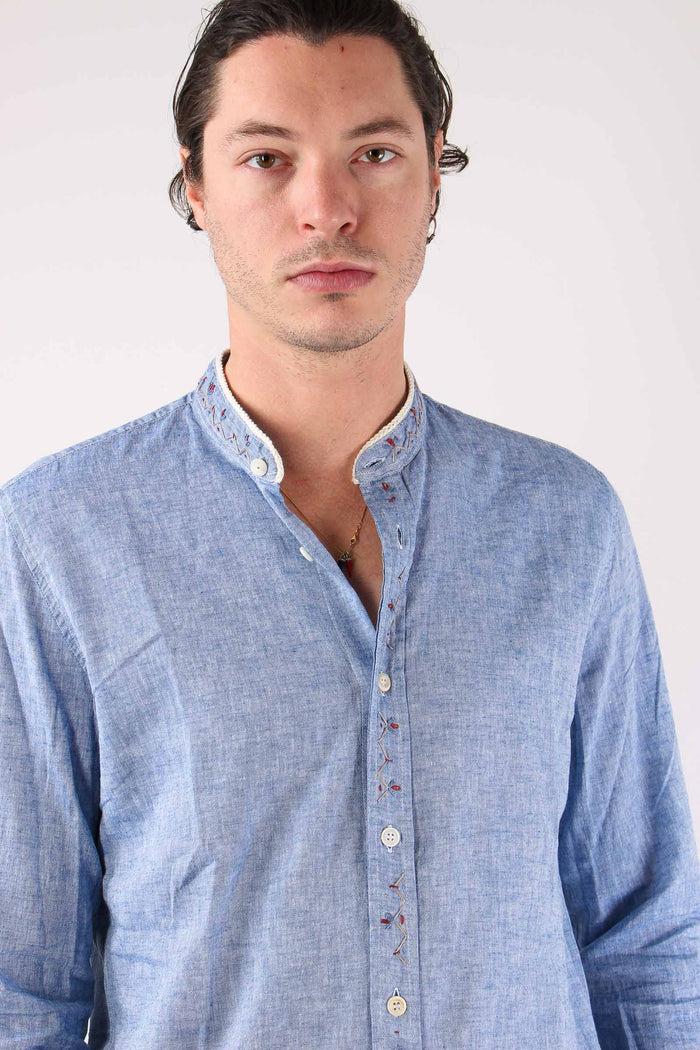 Camicia Lino Ricami Colletto Blu-4