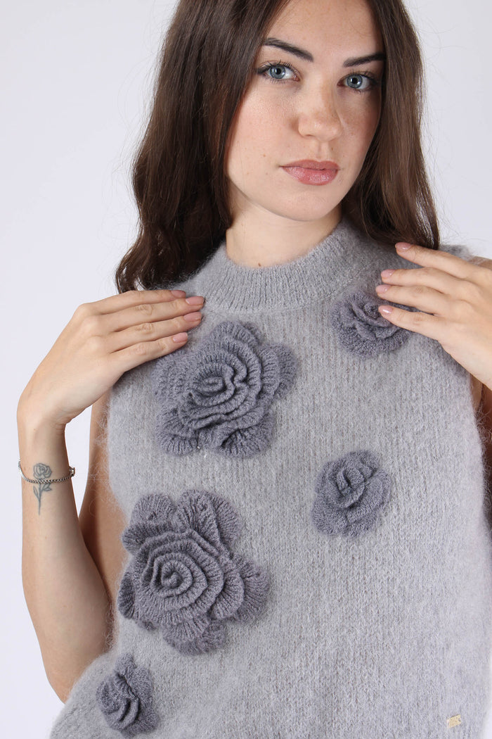 Gilet Maglia Applicazione Rose Ash-8