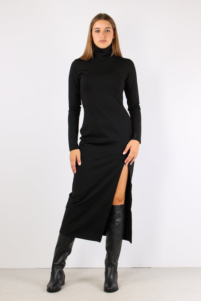 Abito Collo Alto Spacco Nero-5