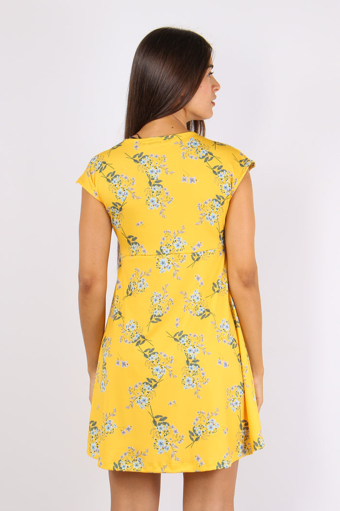 Abito Scollo V Fantasia Fiori Giallo-5