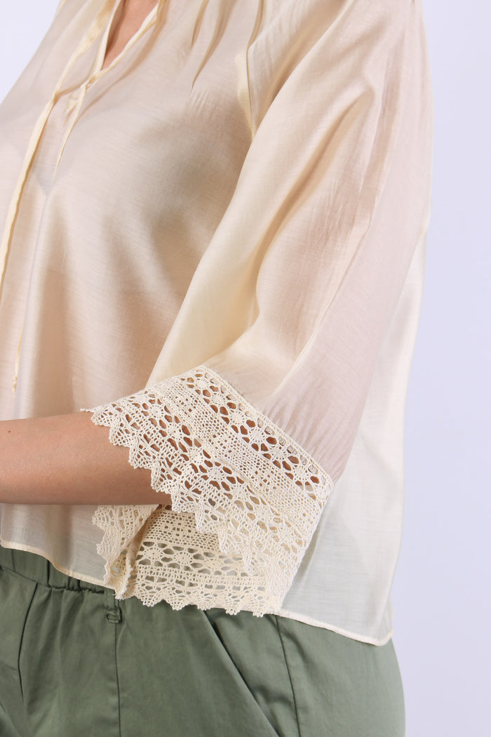 Camicia Mussola Macrame Manica Ecru-7