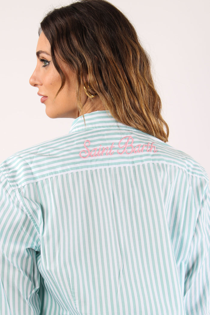 Camicia Slim Riga Ricamo Schiena Bianco/verde-8