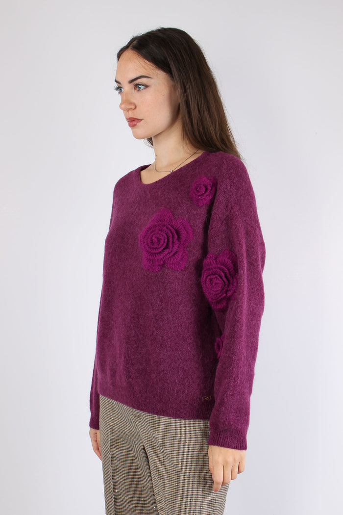 Maglia Over Applicazione Rose Wine-8