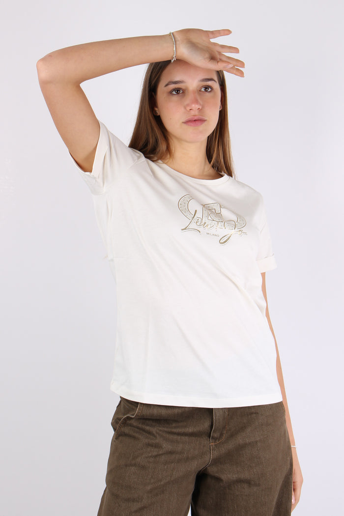 T-shirt Basica Logo Monogram Bianco Latte-4