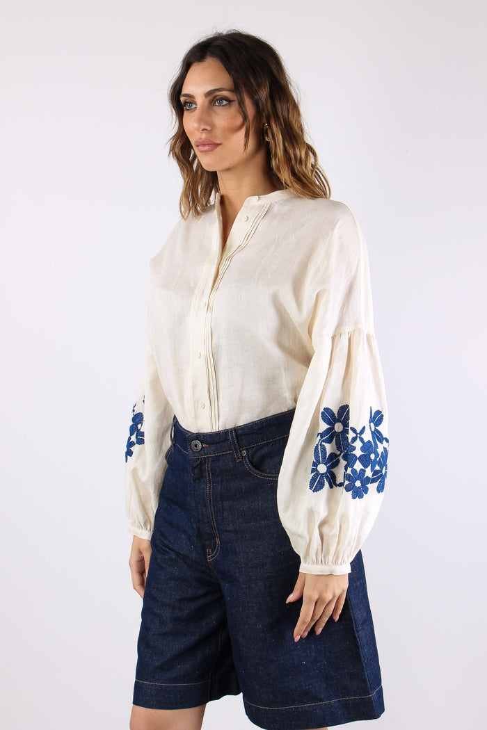 Destro Camicia Lino Ricami Ecru-3