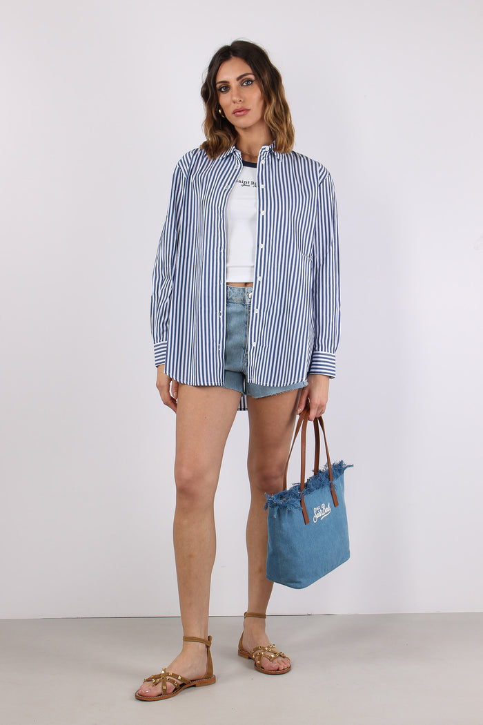 Camicia Cotone Riga Ricamo Schiena Bianco/blu