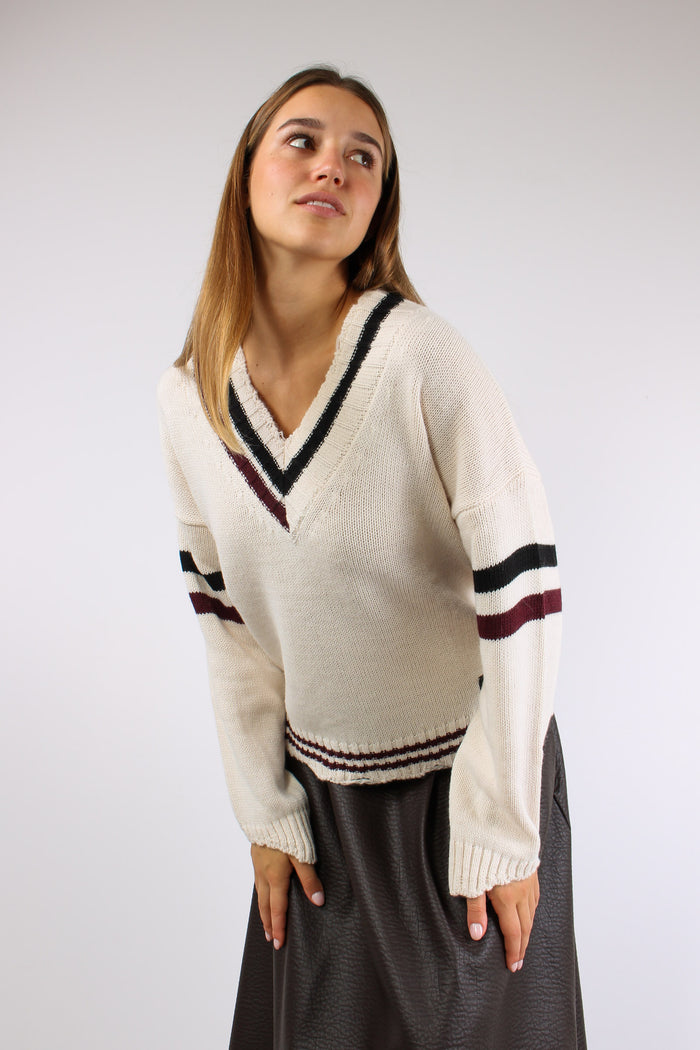 Maglia Lana Scavo V Righe Bianco Burro-3