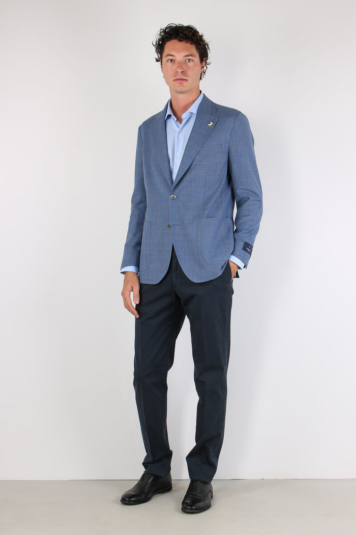 Giacca Micro Quadro Tasca Topp Azzurro