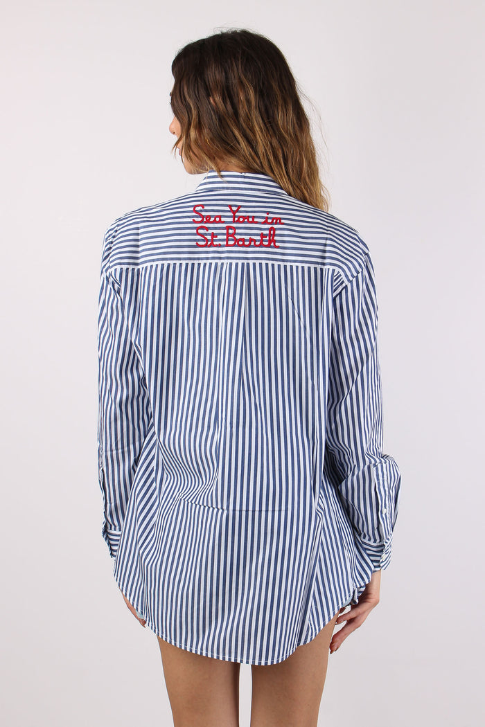 Camicia Cotone Riga Ricamo Schiena Bianco/blu-4