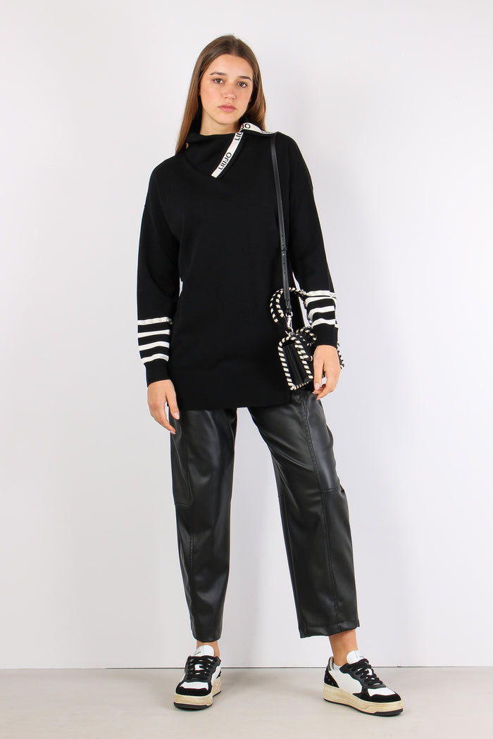 Maxi Maglia Riga Inserto Perle Nero/bianco