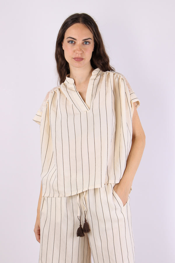 Camicia Gessata Inserto Pizzo Moro/panna