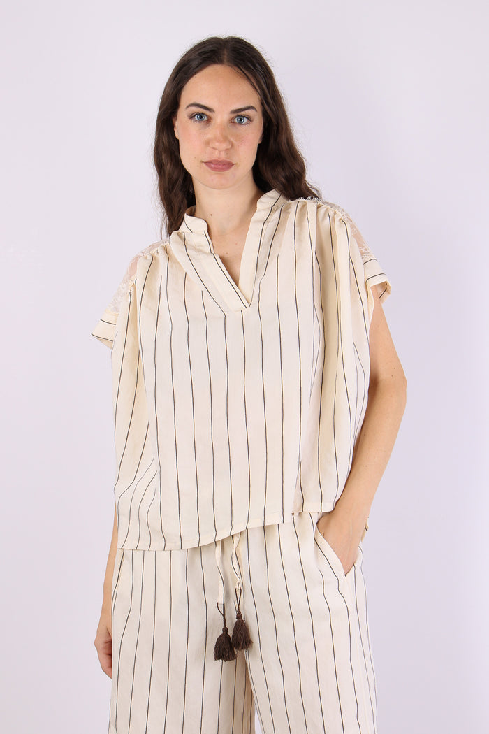 Camicia Gessata Inserto Pizzo Moro/panna