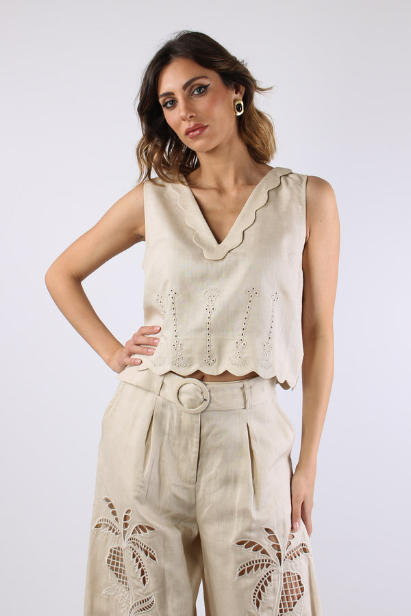 Top Lino Scavo V Merletti Ecru-2
