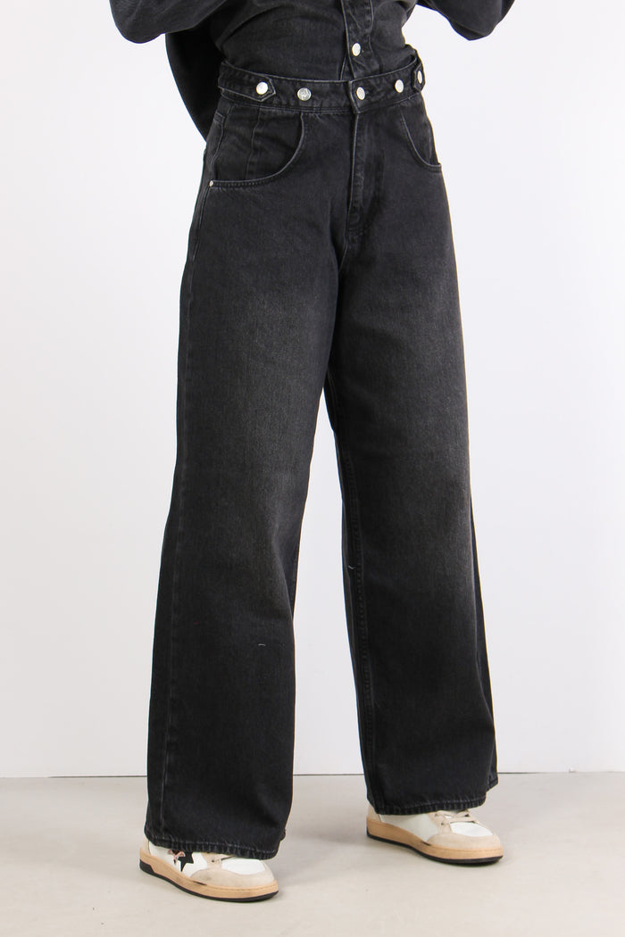 Denim Baggy Wide Bottoni Later Denim Scuro-9