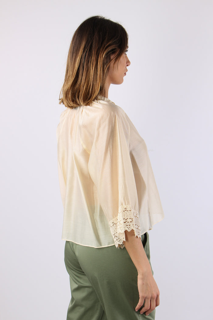 Camicia Mussola Macrame Manica Ecru-6
