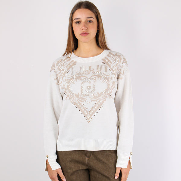 Maglia Inserto Perle Logo Bianco Latte-2