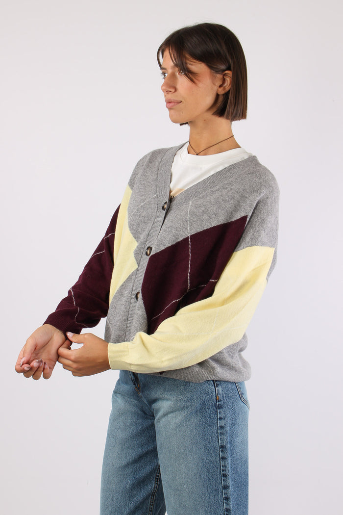 Cardigan 100% Lana Rombi Grigio/bordeaux/olio-3