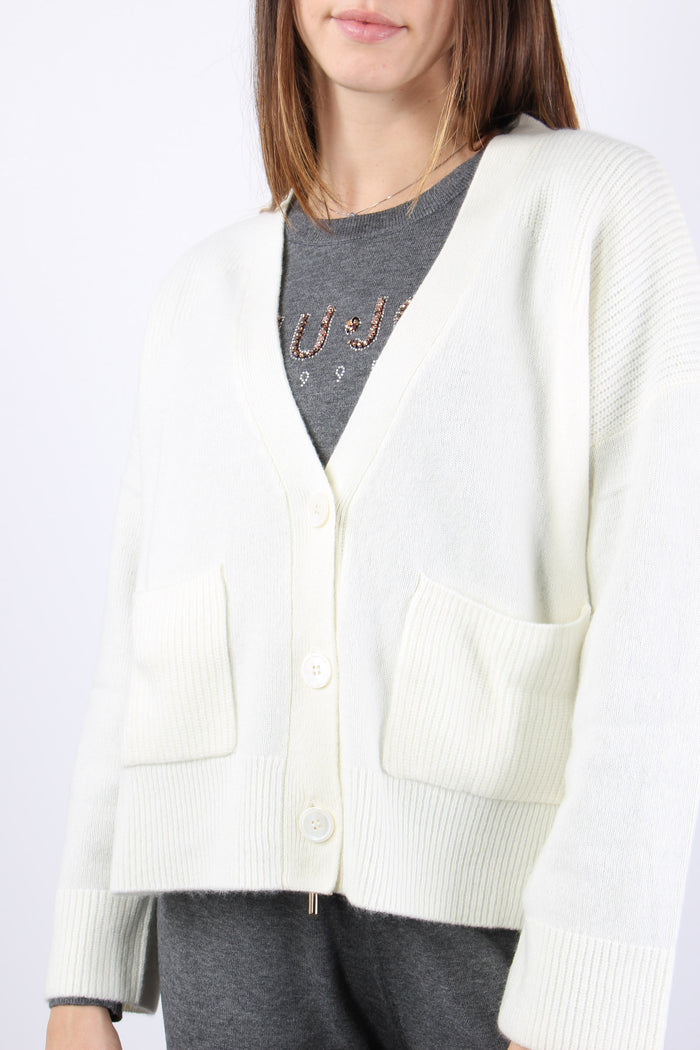 Cardigan Canettato Tasca Bianco Lana-5