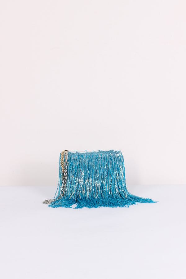 Pochette Paillettes Frange Torquoise