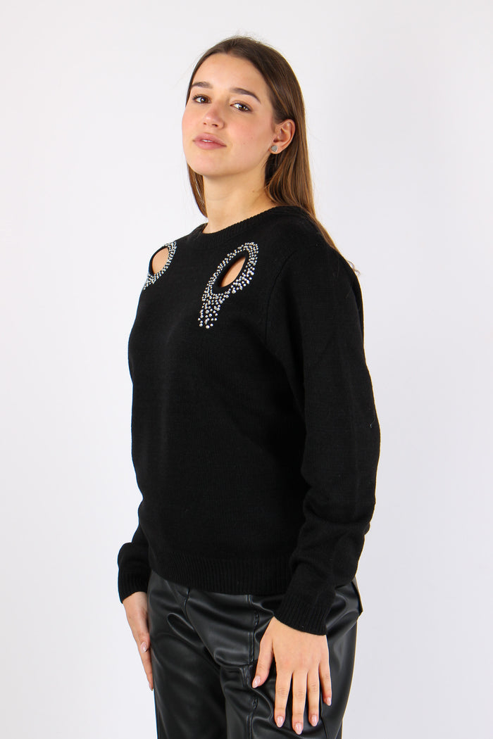 Maglia Aperture Davanti Strass Black-4