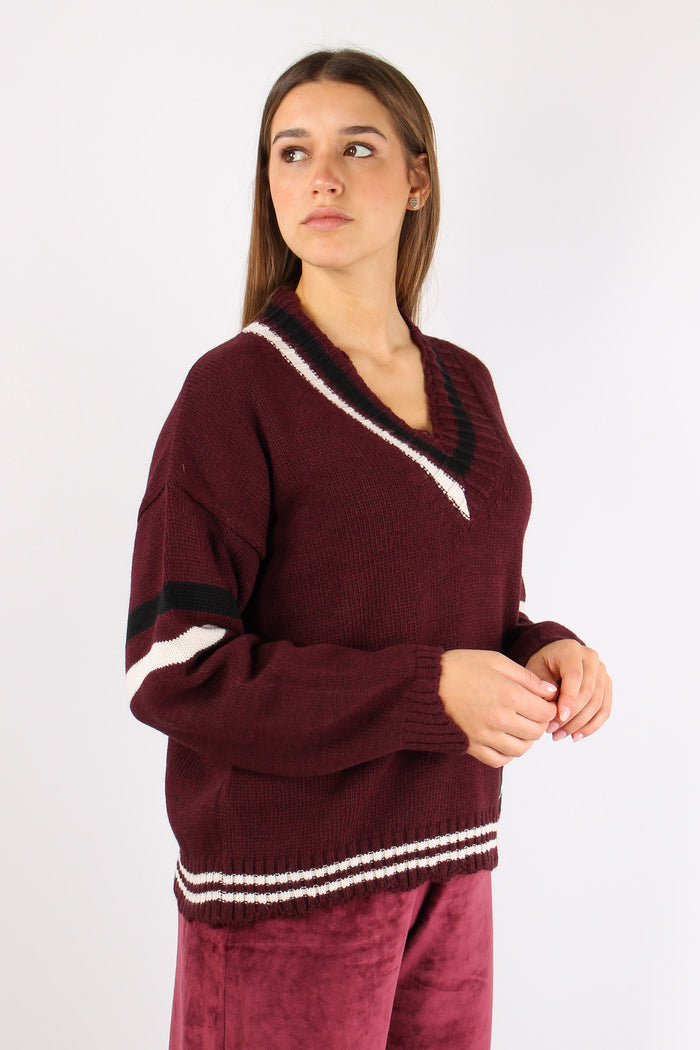 Maglia Lana Scavo V Righe Bordeaux-6