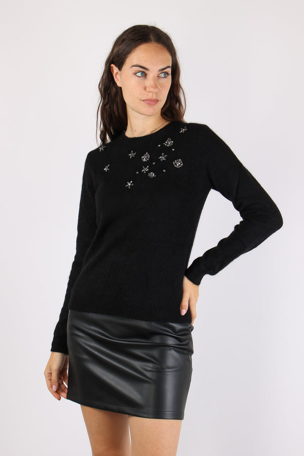 Maglia Girocollo Inserto Pietre Nero-2
