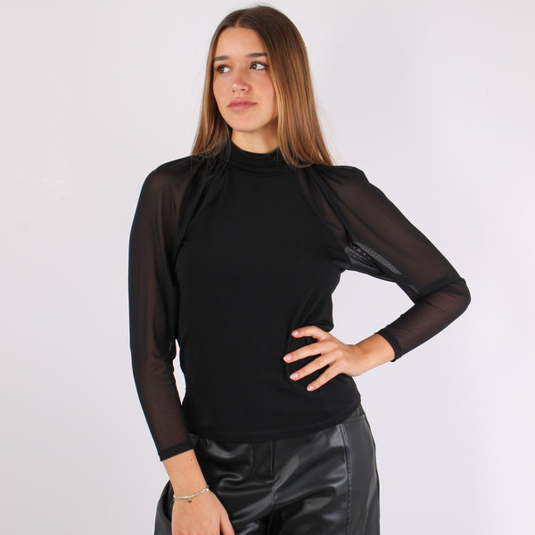 Top Bimateriale Manica Ampia Nero-2