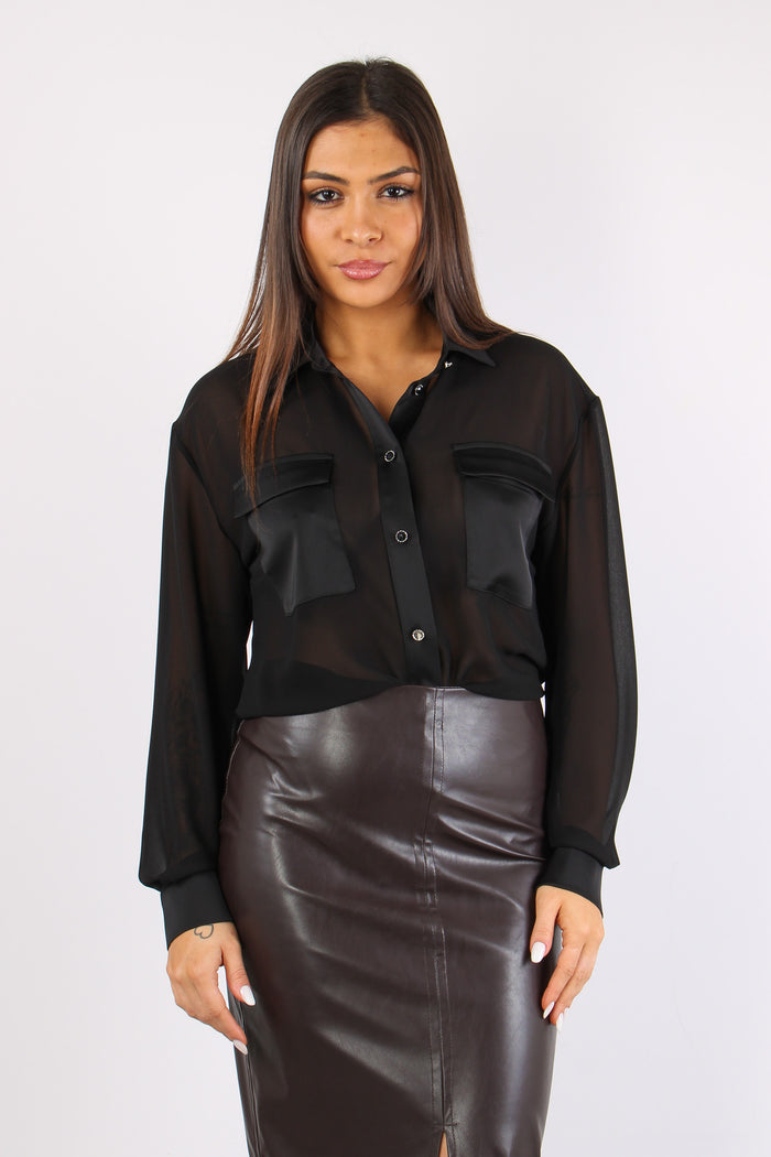 Camicia Tasche Inserto Raso Nero-4