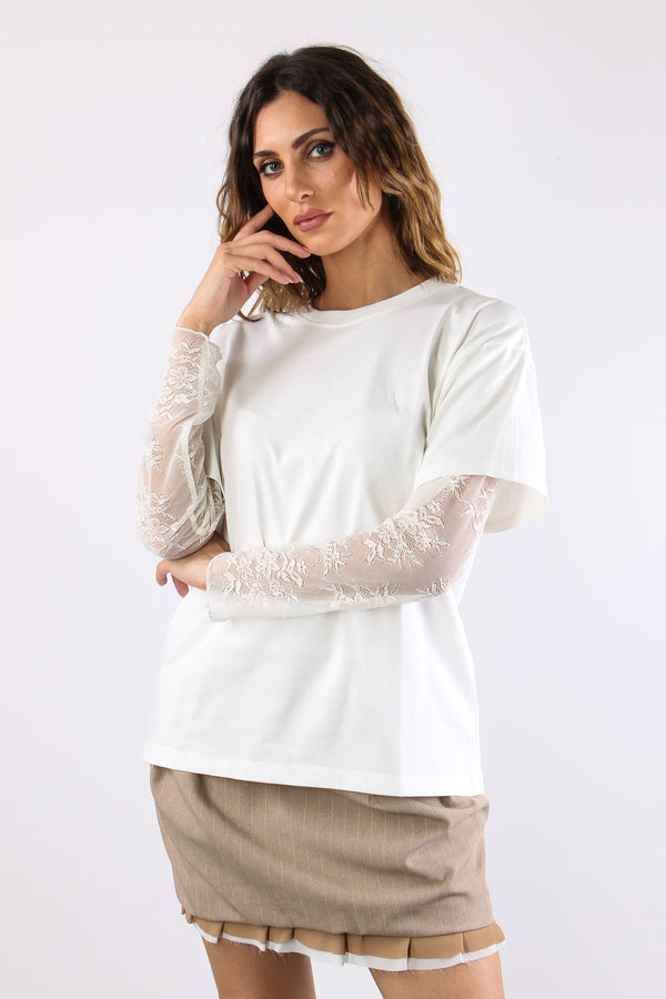 T-shirt Manica Pizzo Bianco-2