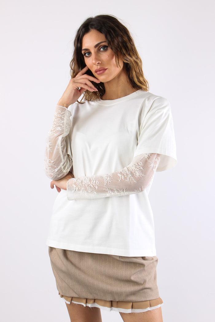 T-shirt Manica Pizzo Bianco-2