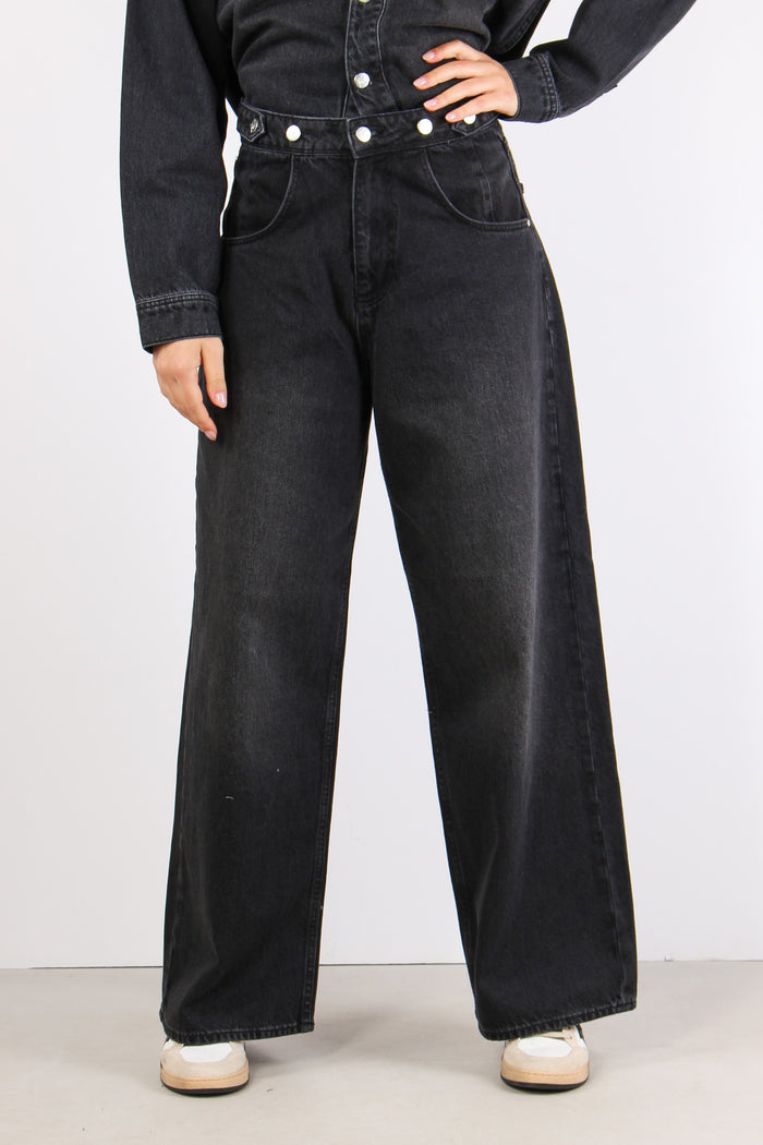 Denim Baggy Wide Bottoni Later Denim Scuro-4