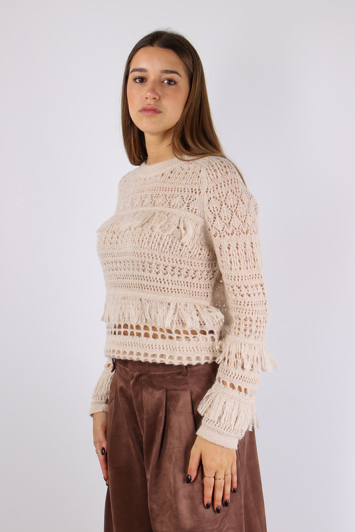 Maglia Frange Traforata Beige-5